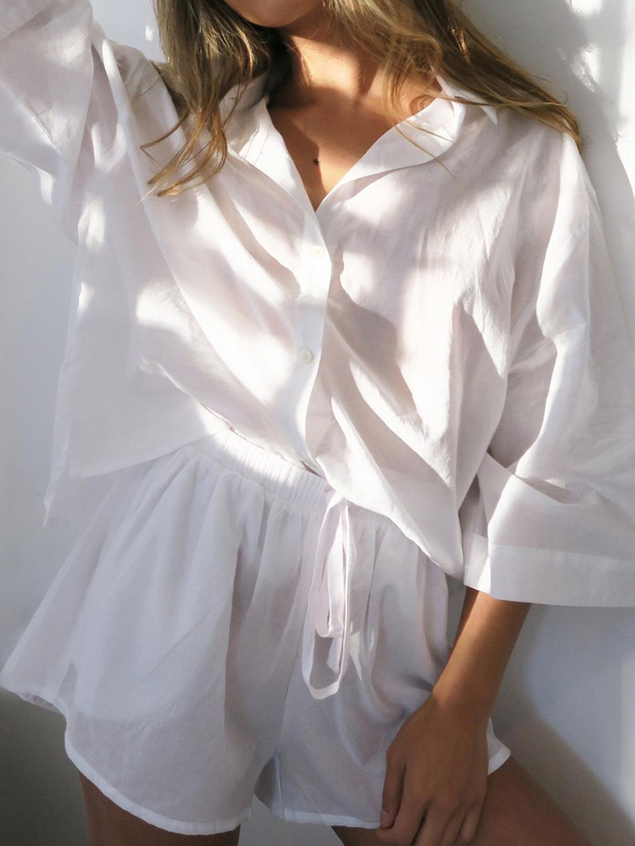 Women Solid Color Single Breast Short Sleeve Casual Suit