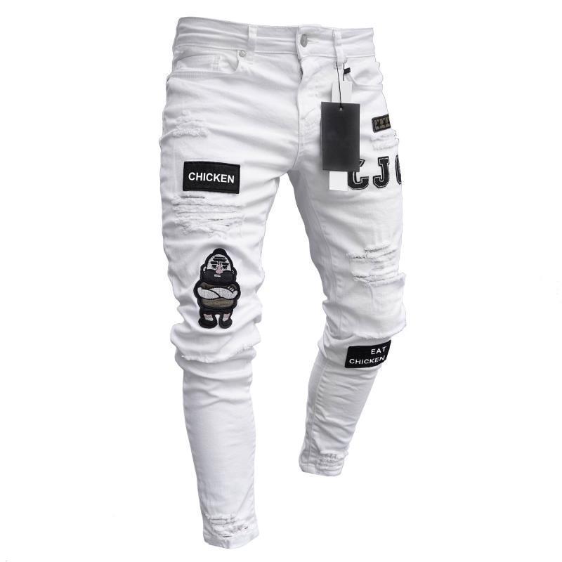 Winzsparks Fashion Men Slim Biker Ripped Long Denim Trousers Skinny Jeans Pocket Young Man Jogging Pants Destroyed Stretchy-Black Pants