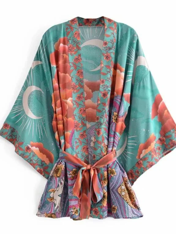 Nncharge Women Blue Space Moon Flower Print Kimono Shirt Holiday Beach Tide Bow Sashes Mid Long Cardigan Blouse BOHO Tops