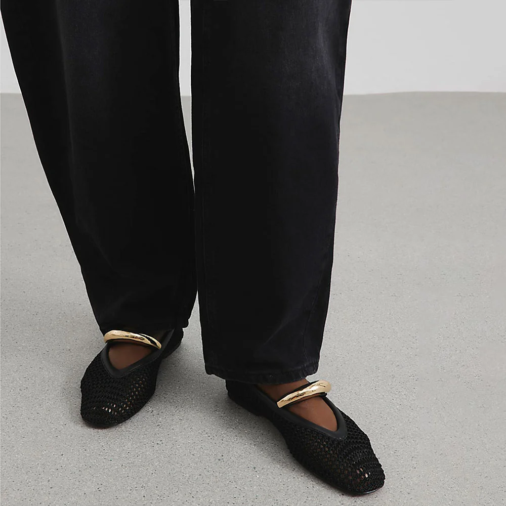 Black Crochet Round Toe Metal Decor Strap Flat Shoes Women