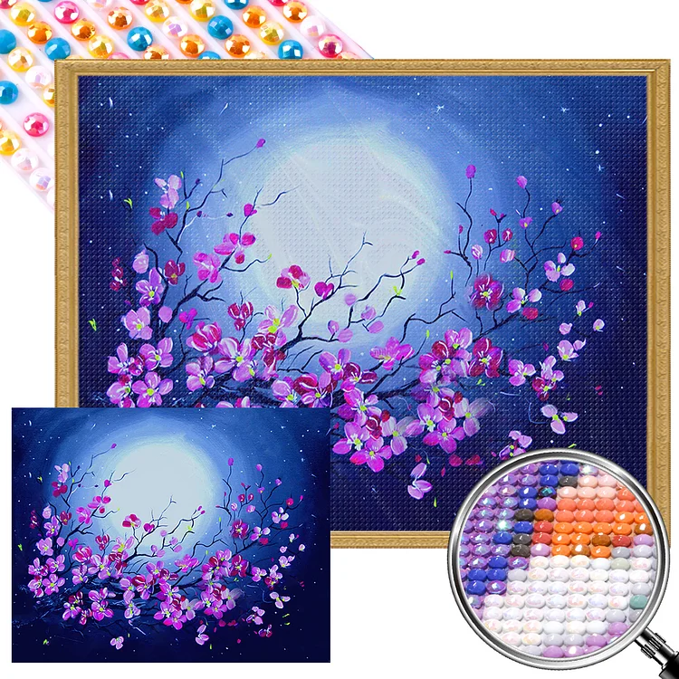 Partial AB Drill - Full Round Diamond Painting - Flowers Under The Moon 50*40CM