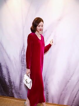 New Wine Red Solid Pockets Silk Velour Dress Long Sleeve