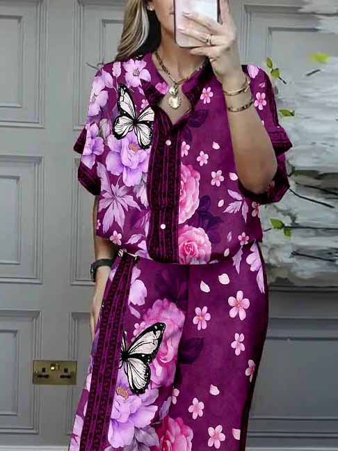Women Floral, Butterfly, Red DZDL1174 V-neck Short Sleeve Blouse and Pants Set
