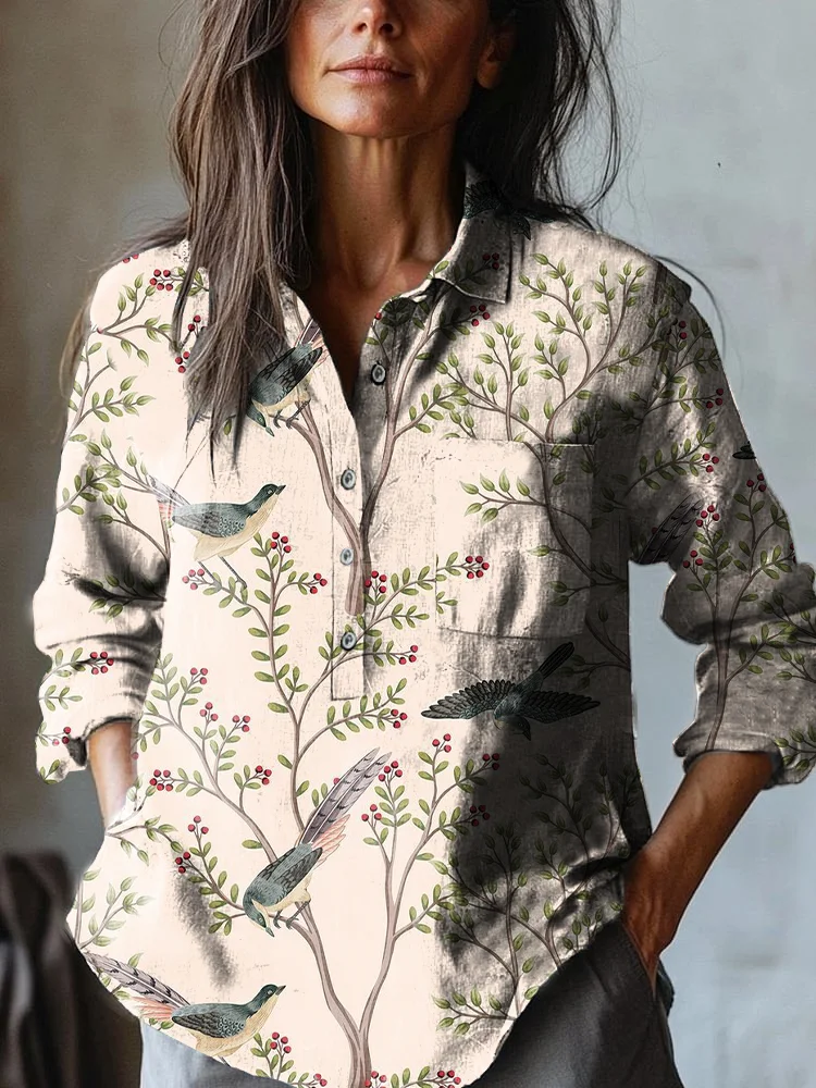 Women's Vintage Flower And Bird Art Print Casual Cotton And Linen Shirt