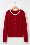 Women's Warm Red Round Neck Cable Knit Buttoned Cardigan Coat 