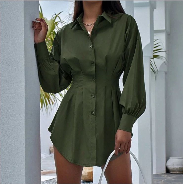 Mini Shirt DressSummer Autumn Women Long Sleeve bodycon dress Button V Neck Three Quarter Sleeve Waist Collection Blouses Dress