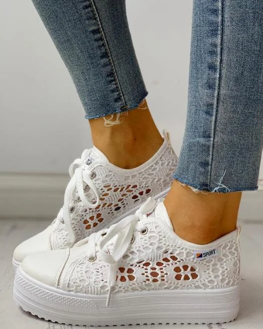 Women Shoes 2020 Fashion Summer Casual White Shoes Cutouts Lace Canvas Hollow Breathable Platform Flat Shoes Woman Sneakers