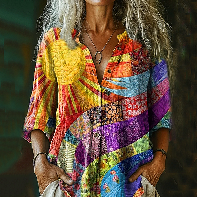 VChics Bohemian Style Colorful Sun Floral Collagelinen Print Long Sleeve Shirt