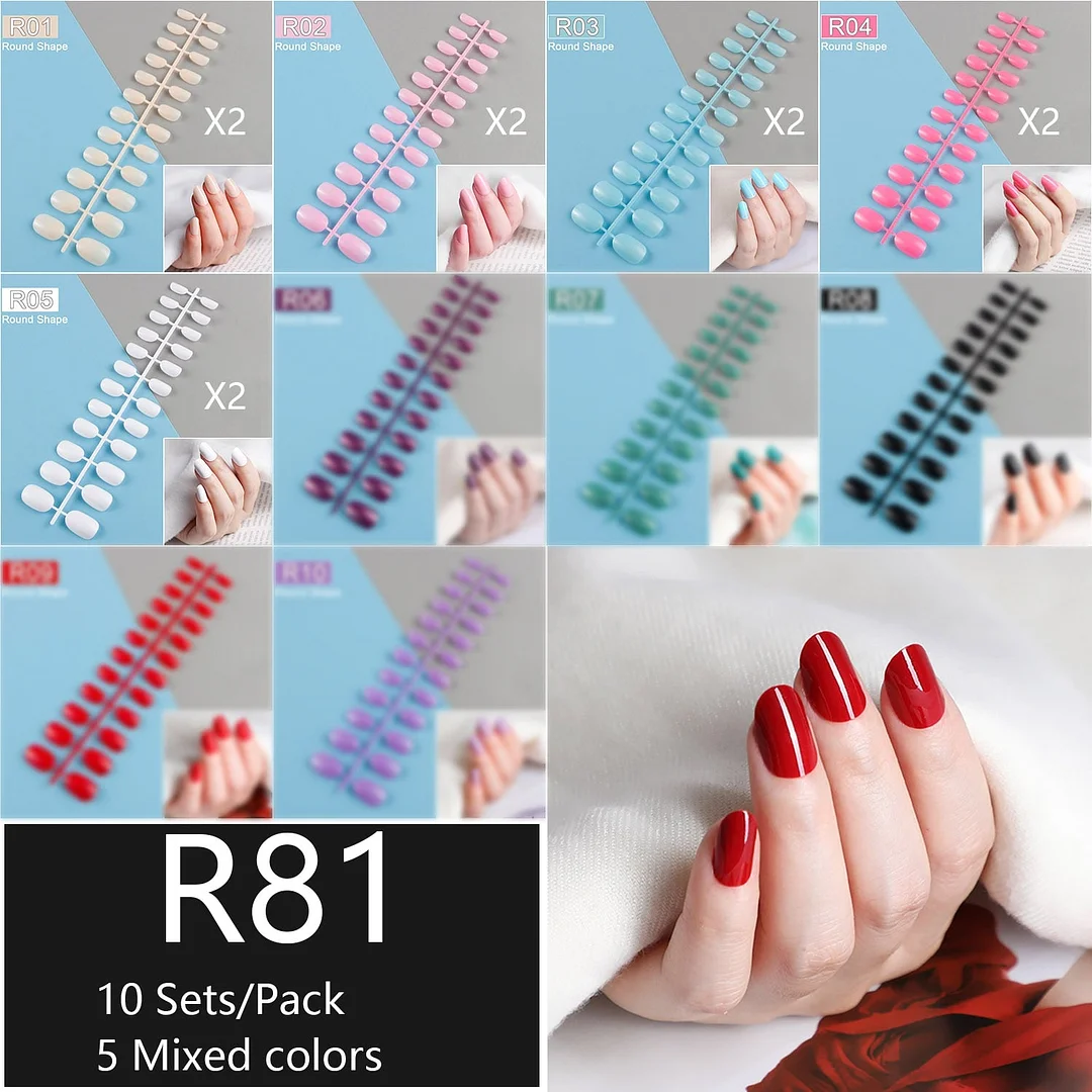 10 Sets/Pack Mixed Solid Colors Coffin Round Square Almond Shape False Nails Full Cover Nail Tips Short Fake Nails Tip Manicure-Nail Inspo