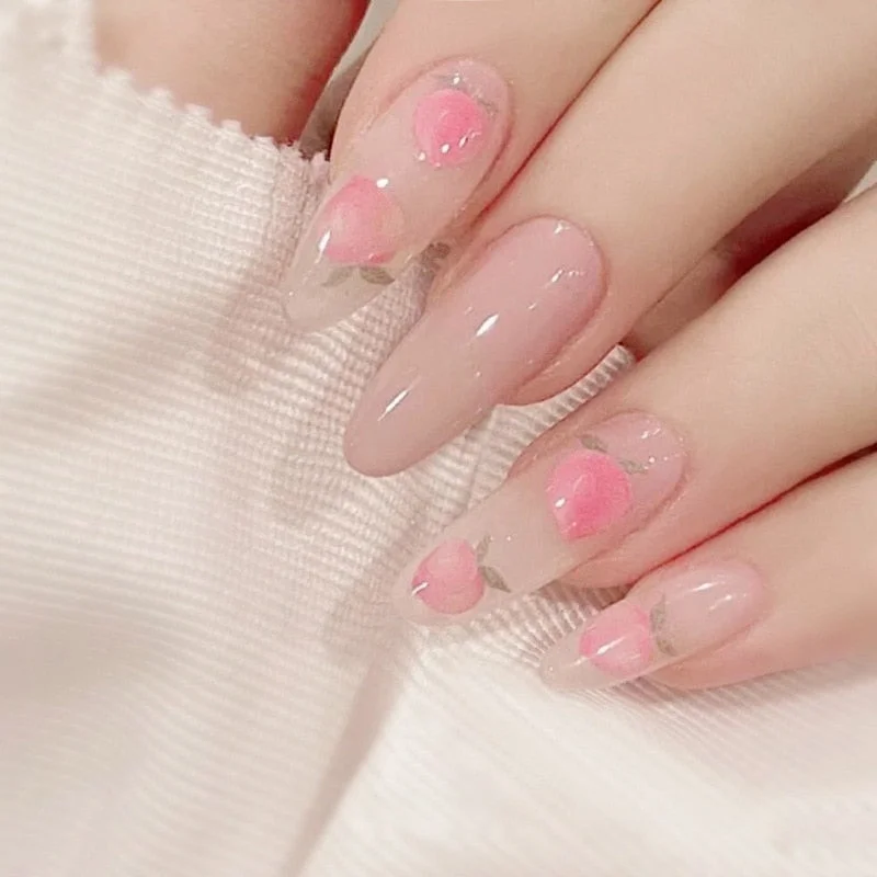 24pcs Peach Milks Tea Color Wear Long Paragraph Fashion Manicure Patch False Nails Save Time Wearable Nail Patch SANA889-Nail Inspo