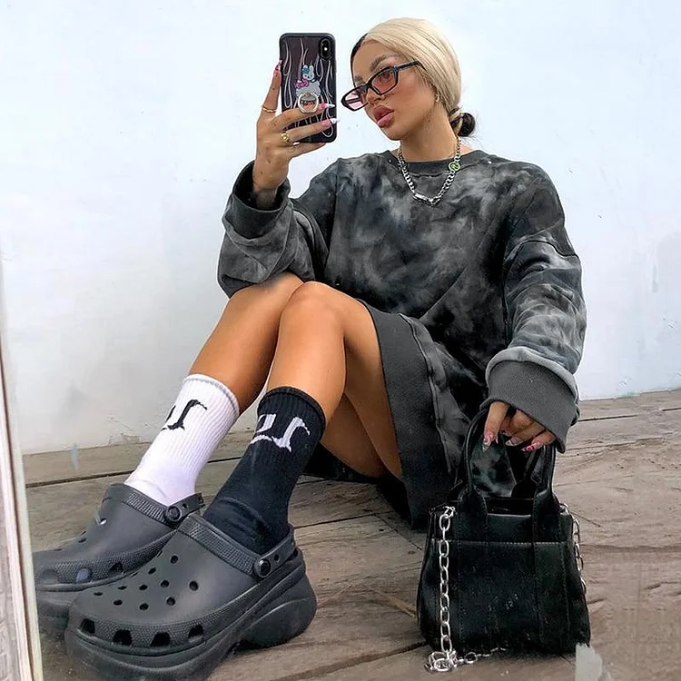 GRUNGE OVERSIZE LONG SLEEVE TIE DYE GRAY SWEATSHIRT