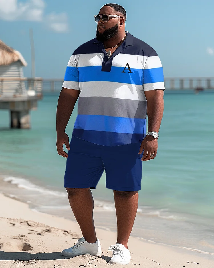 Men's Plus Size Versatile Simple Colorblock Polo Shirt Shorts Suit