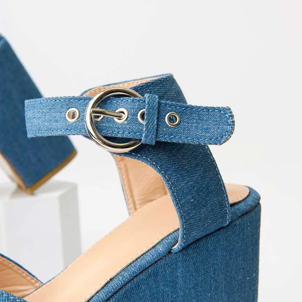Blue Denim Round Toe Chunky Heel Ankle Strap Sandals with Platform
