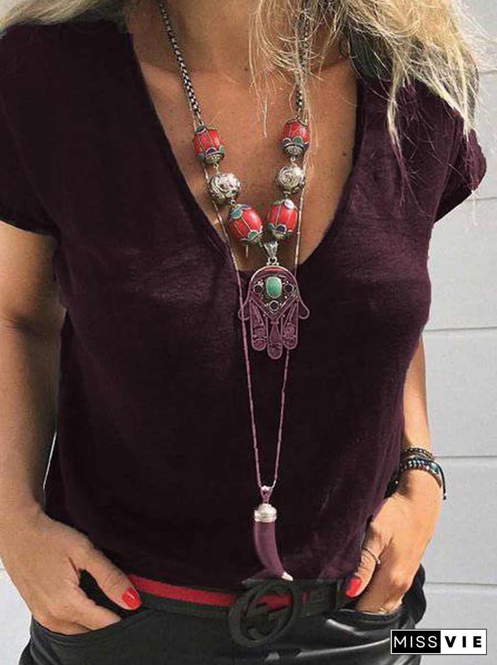 Short Sleeve Cotton V Neck T-shirt