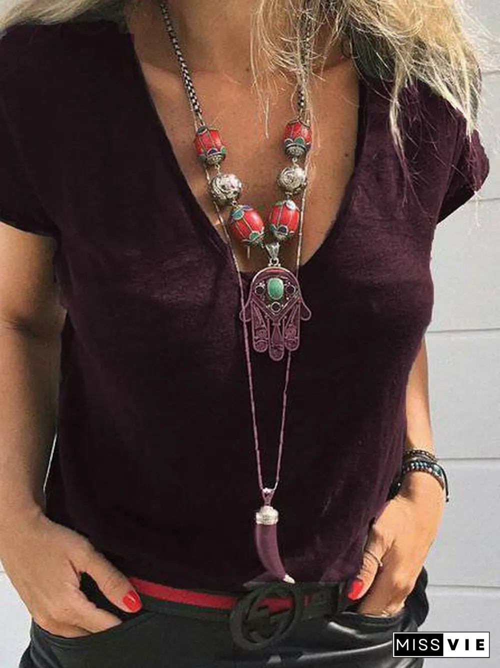 Short Sleeve Cotton V Neck T-shirt