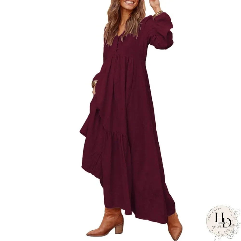 Zanzea Damen V Neck Langarm Kleid Maxikleid Bequem Weiche Plain Vintage Strandkleid