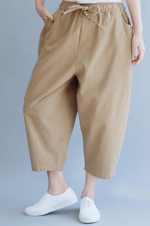 Loose Khaki Women Harem Cotton Summer Trousers K6055