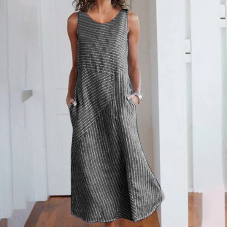 Sleeveless neck round dress Women's striped slim
