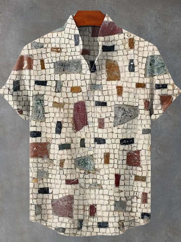 Geometric Collage Irregular Pattern Print Casual 100% Cotton Shirt