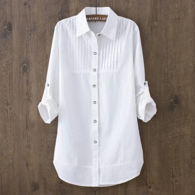 100% Cotton Women White Long-sleeved Slim Blouse Casual Shirts Button Tops | EGEMISS