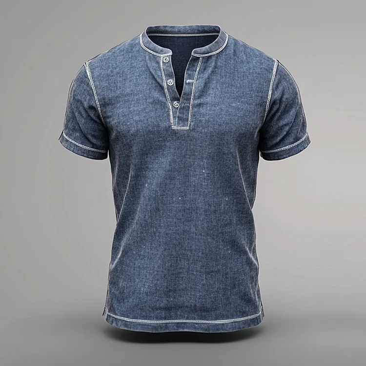 Okaywear Crew Neck Half Button Contrast Stitch Denim Henley Shirt 