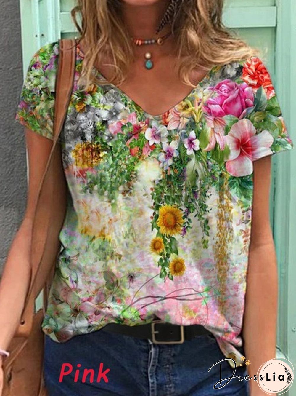 Women's V-neck Casual Color Flower Painting Short Sleeve T-shirt Loose Top Plus Size Summer Blouse XS-5XL