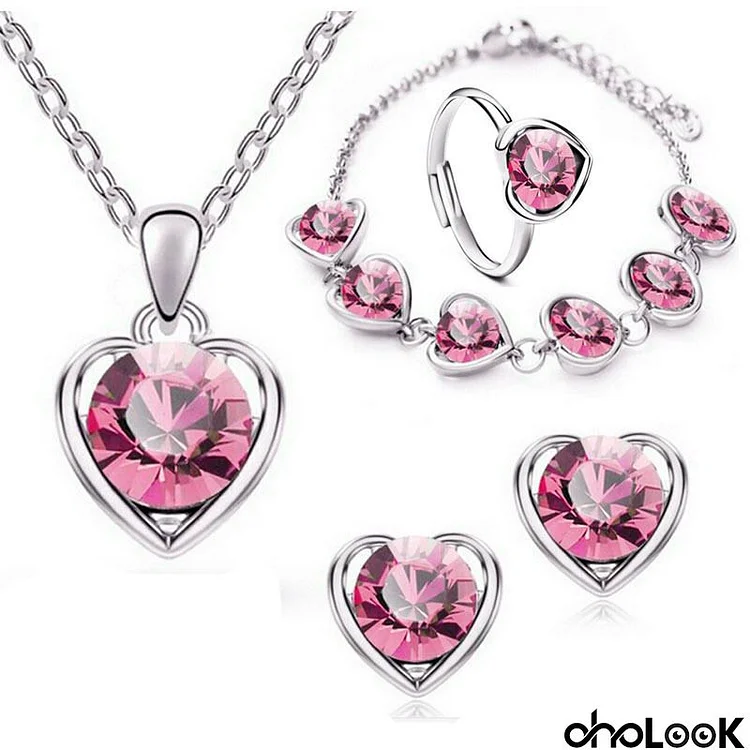 Women Fashion Heart Shaped Inset Gemstone Pendant Necklace Stud Earrings Ring Bracelet Jewelry Set (4 Items)