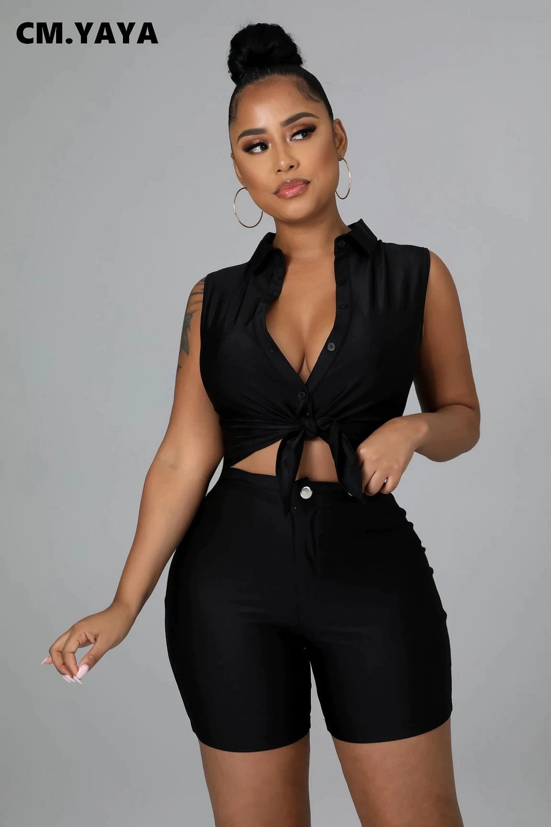 CM.YAYA Elegant Active Women's Set Sleeveless Shirt Top and Shorts Suit Tracksuit Two 2 Piece Set Fitness Outfits 2022 Summer