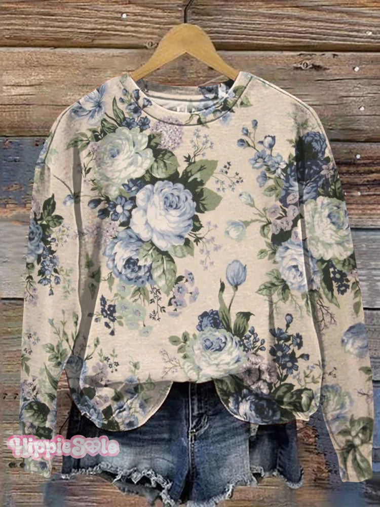 Vintage Lovely Floral Art Print Casual Sweatshirt Maroon / S