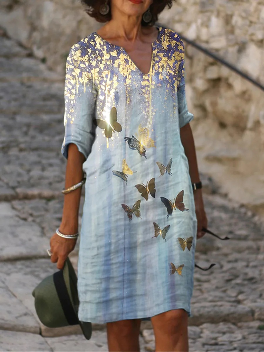 V-neck Line Print Loose Short Sleeve Shift Dress