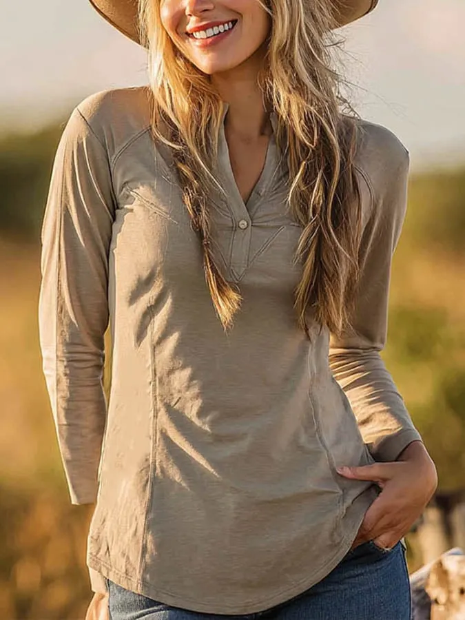 Women's Casual V-Neck Long Sleeve Solid Color T-Shirt 