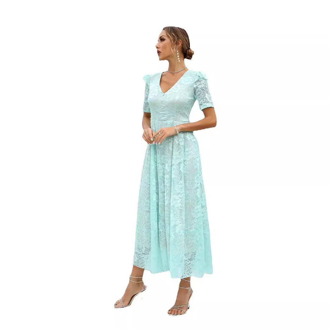 Uveng Uveng New Dress Spring Lace Mid-Swear Temper Commuting High-Waisted Green V-Neck Dress