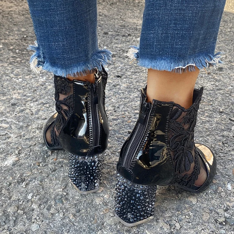 Sexy Black Mesh Embroider Ankle Boots For Women Summer 2022 Crystal Square Heels Boots Woman Round Toe Lace Short Botas