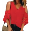 V-Neck Strapless Shoulder Patchwork T-Shirt by Inlyline