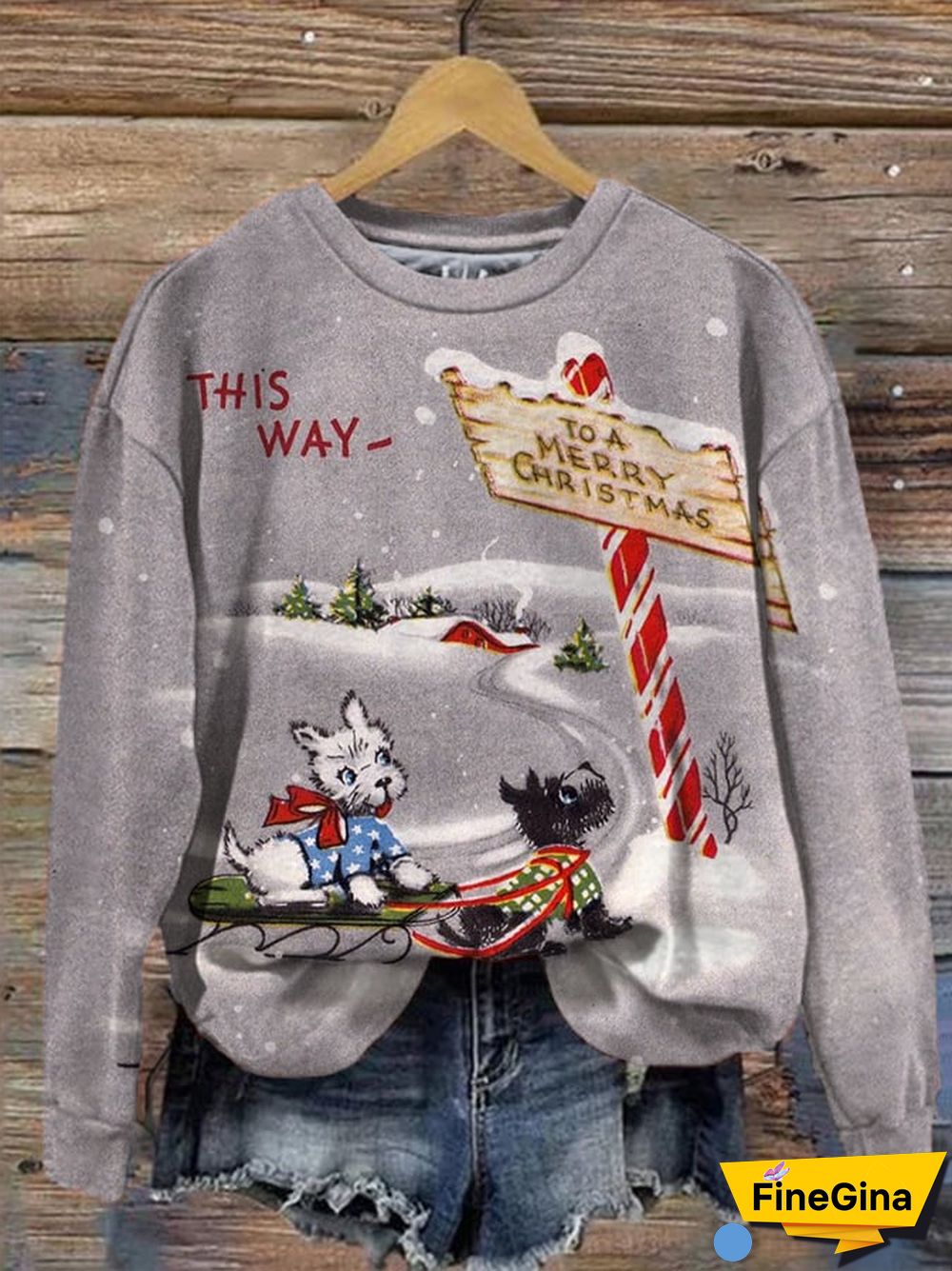 Women's Vintage Christmas Puppy Print Crew Neck Sweatshirt