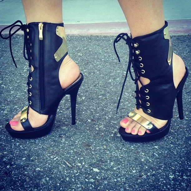 Black and Gold Sexy Strappy Summer Boots with High Heels Vdcoo