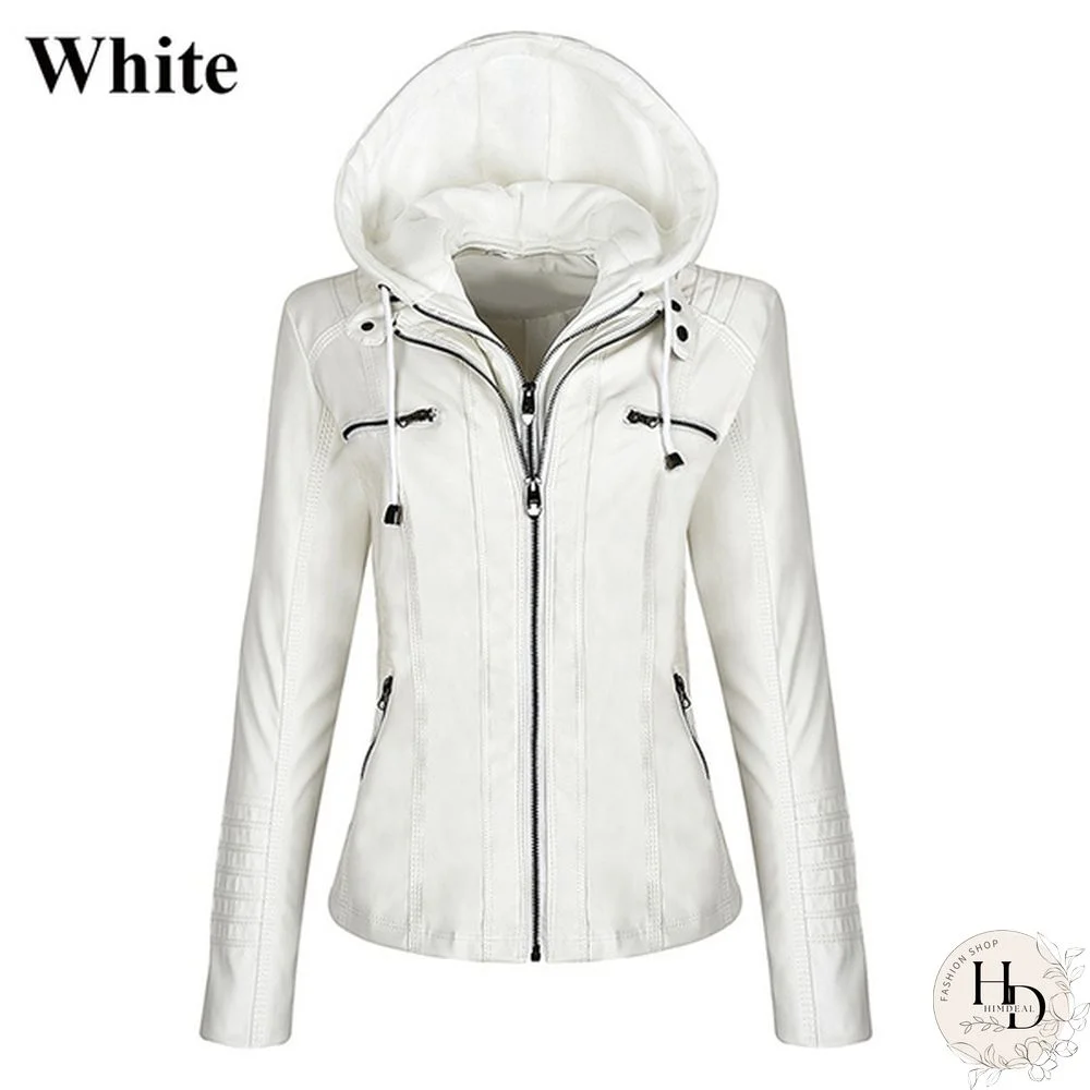 5 Color Women Fashion Long Sleeve Zipper Leather Jackets Removable Hooded Coat Ladies Plus Size Cool Motorcycle Coat Outwear