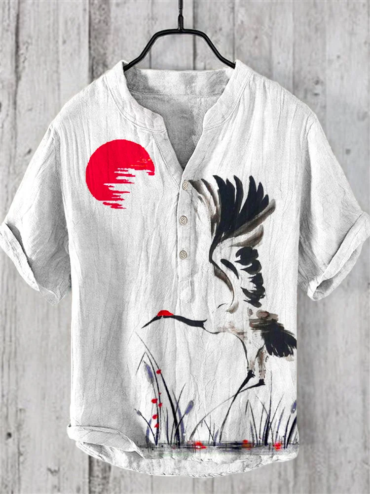 Crane & Sun Japanese Art Linen V-Neck Shirt