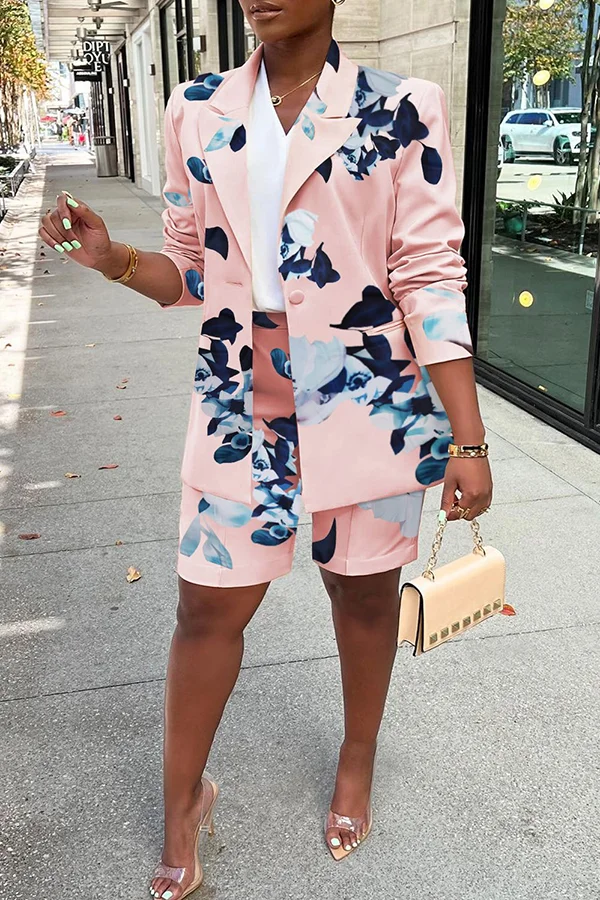 Casual Printed Blazer Shorts Two-Piece Set