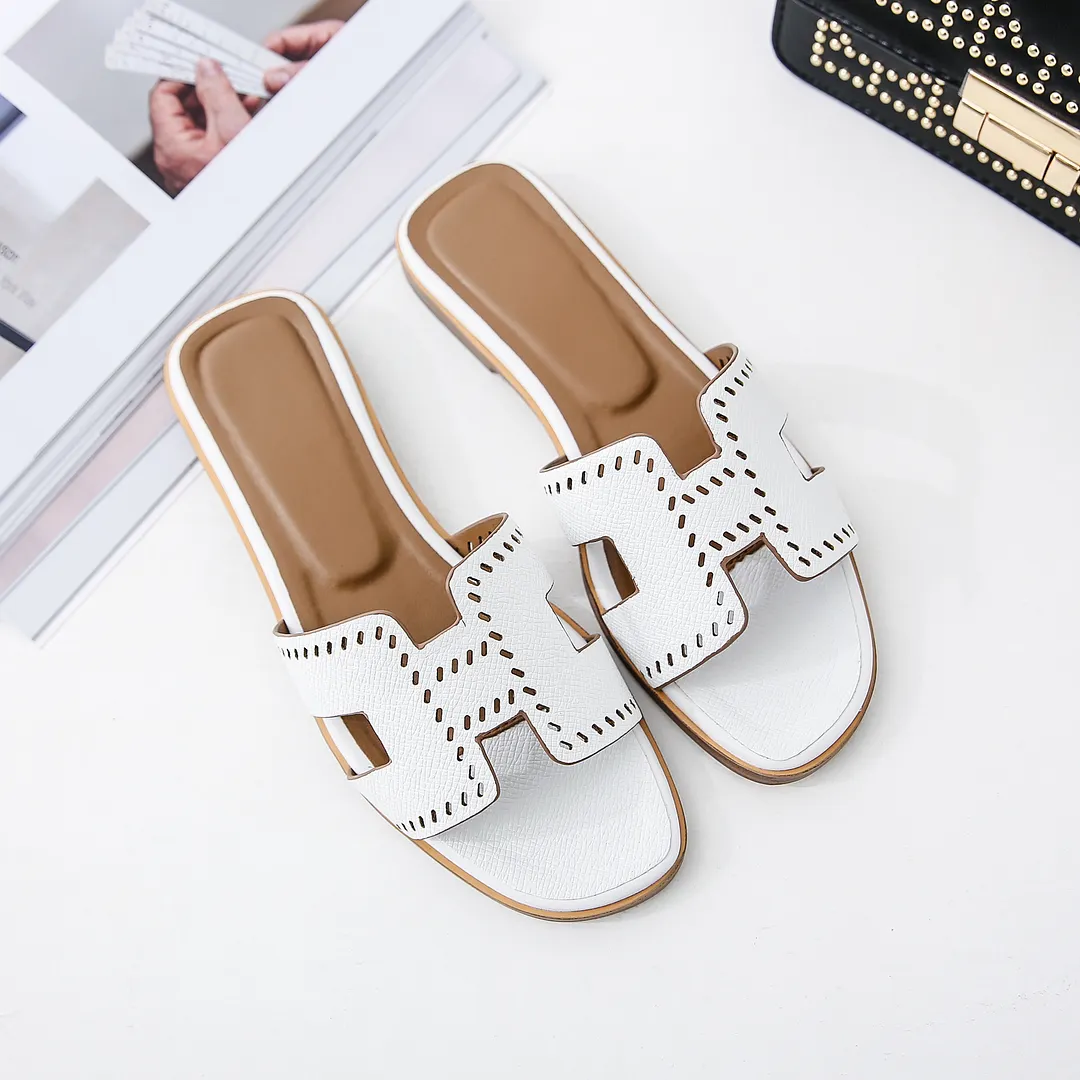 H-shape Leather Slipper White Lychee Pattern Flats-vocosishoes