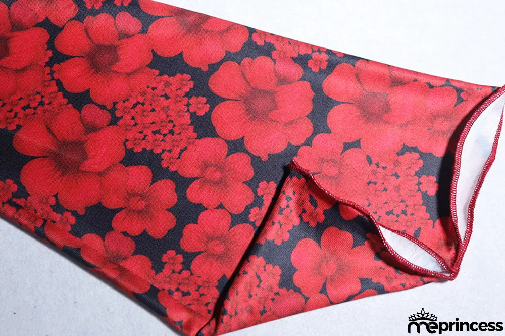 Fashion Print Sexy Deep V Long Sleeve Crop Top Bodycon Skirt Two-Piece Set