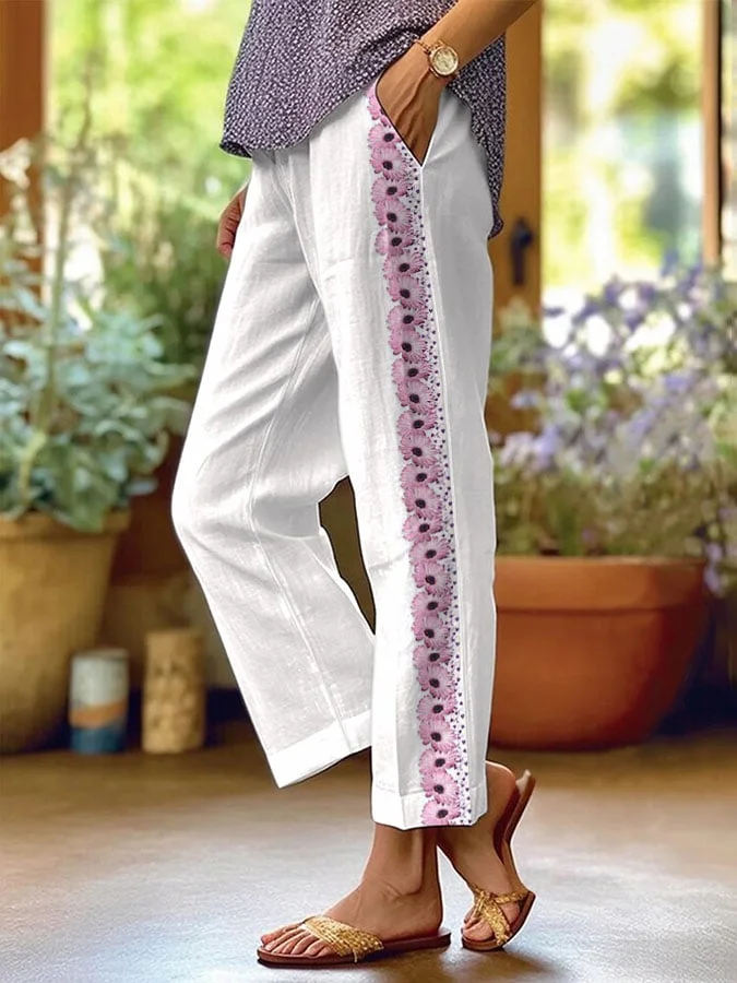 Women's Floral Stripe Pattern Print Casual Pants