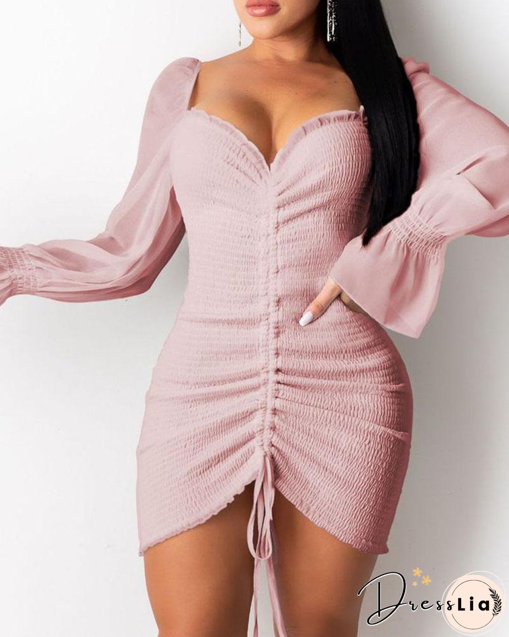 Shirring Ruched Frill Hem Long Sleeve Dress P14747