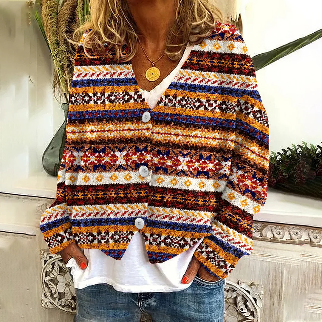Vintage Stripes Icelandic Pattern V Neck Cozy Button Sweater