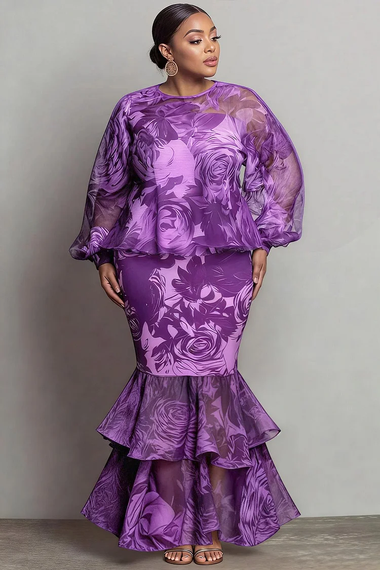 Xpluswear Design Plus Size Formal Purple Floral Round Neck Flare Long Sleeve Ruffle Elegant Mermaid Chiffon Two Piece Skirt Sets 2024 - Xpluswear