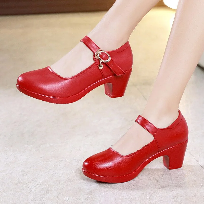 Tanguoant Size 33-43 Women's Platform Shoes Square Heel Spring 2022 Black White Red Soft Leather Med Heels Pumps Office Mother Dance