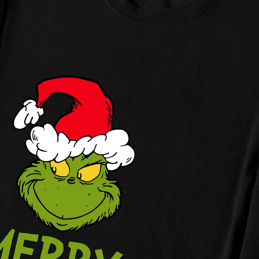 Christmas Cartoon Pattern and Text Print Black Long Sleeve Top with Red & White & Green Plaid Family Matching Pajamas