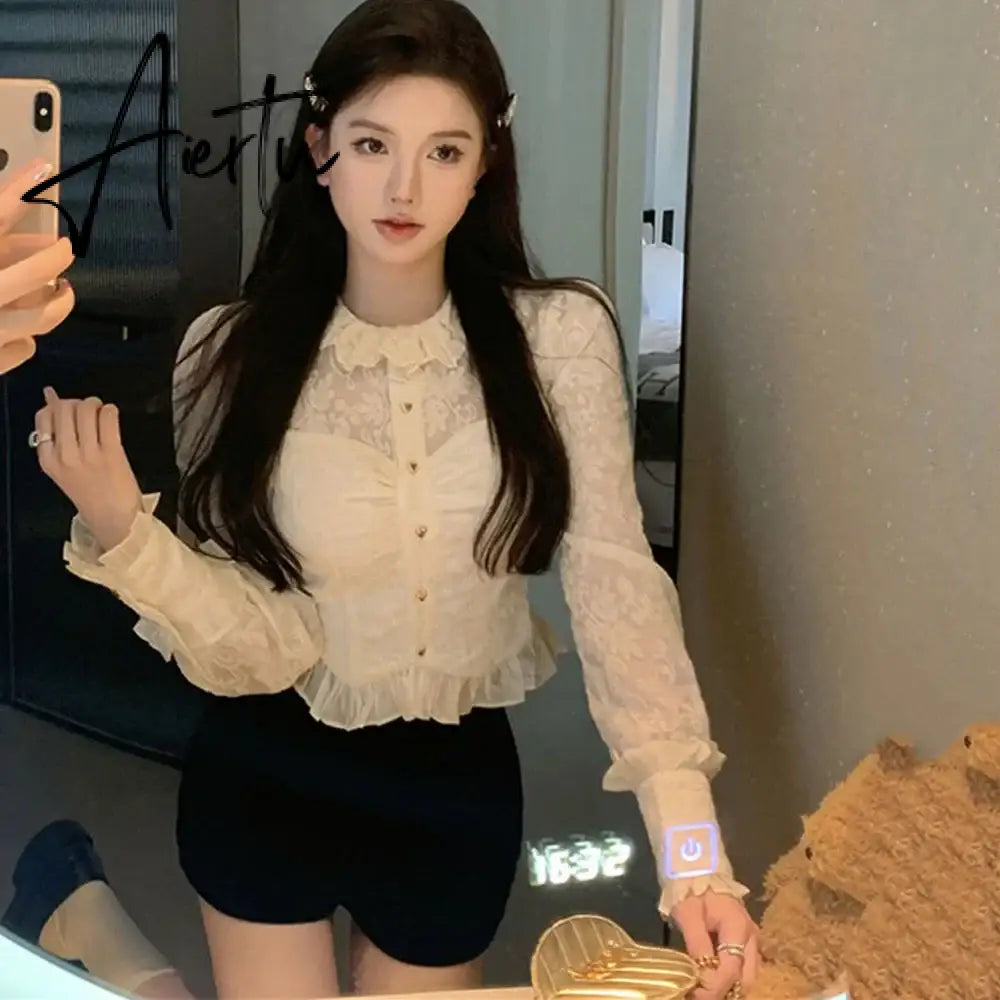 Aiertu White Elegant Blouse For Women Long Sleeve Shirts O-neck Folds Sweet Crop Tops Vintage Chic Blusass Aiertu