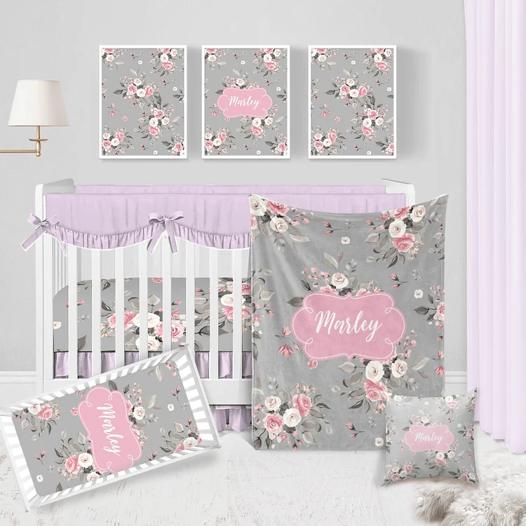 Personalized Flowers Crib Bedding Set|Bed32