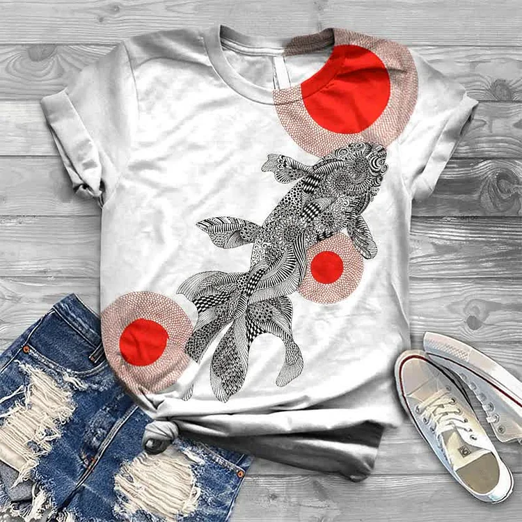 Crew Neck Ryukin Koi Japanese Print T-shirt